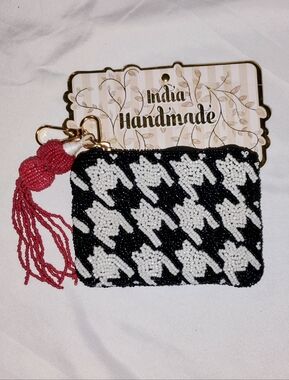 Black & White Beaded Coin Purse with Red Tassel  By India Handmade